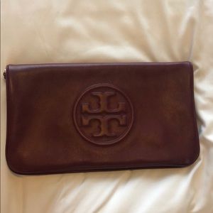 Tory Burch Reva Fold Over Burgundy Leather Clutch